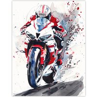 Artery8 Superbike Motorcycle Rider Race Sport Watercolour Wall Art Print in Red | Size: W18" x H24"