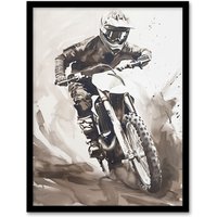 Artery8 Pro Motocross Race Racing Black White Watercolour Framed Wall Art in Grey | Size: W12" x H16"