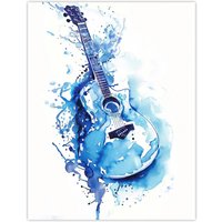 Artery8 Abstract Music Guitar Blue Watercolour Splat Wall Art Print | Size: W12" x H16"