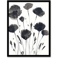 Artery8 Abstract Flowers Black White Floral Watercolour Framed Wall Art in Grey | Size: W12" x H16"
