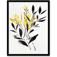 Artery8 Abstract Botanical Yellow Black Leaves Fronds Framed Wall Art | Size: A4