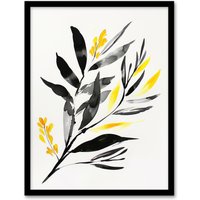 Artery8 Abstract Plant Lover Frond Black Yellow Botanical Framed Wall Art | Size: A4