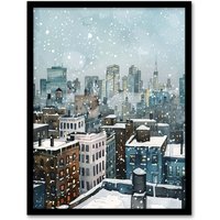 Artery8 New York City Rooftops Winter Snow Cityscape Framed Wall Art in Blue | Size: W12" x H16"