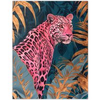 Artery8 Elegant Pink Leopard in Blue Gold Tropical Jungle Wall Art Print | Size: W12" x H16"