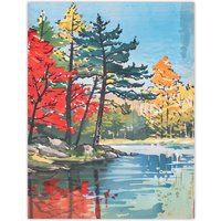 Artery8 Lake Forest Colourful Trees Japanese Woodblock Wall Art Print | Size: W12" x H16"