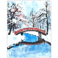 Artery8 Japanese River Bridge in Winter Forest Landscape Wall Art Print in Blue | Size: W12" x H16"