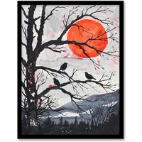 Artery8 Red Winter Sun & Birds on Forest Tree Landscape Framed Wall Art in Orange | Size: A4