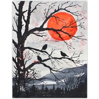 Artery8 Red Winter Sun & Birds on Forest Tree Landscape Wall Art Print in Orange | Size: W24" x H32"