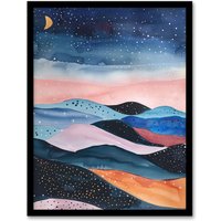 Artery8 Abstract Boho Landscape Starry Night Sky Folk Art Framed Wall Art in Pink | Size: W12" x H16"
