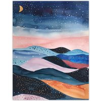 Artery8 Abstract Boho Landscape Starry Night Sky Folk Art Wall Art Print in Pink | Size: W24" x H32"