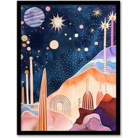 Artery8 Mid Century Modern Abstract Boho Space Landscape Framed Wall Art | Size: W12" x H16"