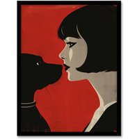 Artery8 Black Dog Lover Lady & Pet Bold Red Retro Style Framed Wall Art | Size: W12" x H16"