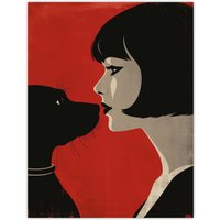 Artery8 Black Dog Lover Lady & Pet Bold Red Retro Style Wall Art Print | Size: W18" x H24"