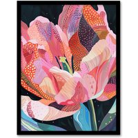 Artery8 Pink Trumpet Lily Flower Colourful Folk Patterns Framed Wall Art | Size: W12" x H16"