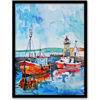 Artery8 Newhaven Lighthouse Fishing Boats Harbour Framed Wall Art in Blue | Size: W12" x H16"