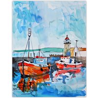 Artery8 Newhaven Lighthouse Fishing Boats Harbour Wall Art Print in Blue | Size: W12" x H16"