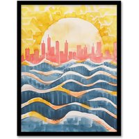 Artery8 New York City Water Skyline Sunset Cityscape Framed Wall Art in Yellow | Size: W12" x H16"