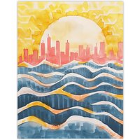 Artery8 New York City Water Skyline Sunset Cityscape Wall Art Print in Yellow | Size: W24" x H32"