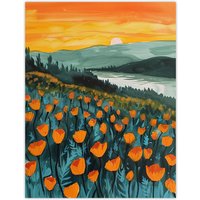 Artery8 Floral Shoreline California Poppies At Sunrise Wall Art Print in Green | Size: W18" x H24"