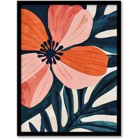 Artery8 Abstract Flower Bloom Coral Pink Blue Floral Framed Wall Art | Size: W12" x H16"
