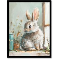 Artery8 Cute Bunny Rabbit on Window Sill Rustic Painting Framed Wall Art in Light Blue | Size: W12" x H16"