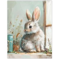 Artery8 Cute Bunny Rabbit on Window Sill Rustic Painting Wall Art Print in Light Blue | Size: W12" x H16"