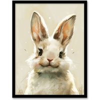 Artery8 Happy Smiling Bunny Rabbit Cute Animal Portrait Framed Wall Art in Beige | Size: W12" x H16"