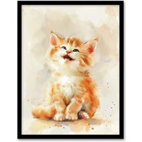 Artery8 Cute Happy Fluffy Ragdoll Kitten Orange Cat Lover Framed Wall Art | Size: A4