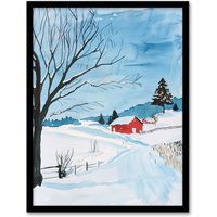 Artery8 Red Swedish Cottage in Winter Snow Countryside Framed Wall Art in Blue | Size: W12" x H16"