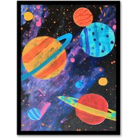 Artery8 Space Planets & Stars Colourful Child Painting Framed Wall Art | Size: W12" x H16"