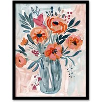 Artery8 Spring Flower Bouquet Pink Blue Boho Floral Vase Framed Wall Art | Size: A4