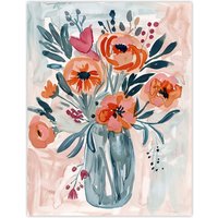 Artery8 Spring Flower Bouquet Pink Blue Boho Floral Vase Wall Art Print | Size: W12" x H16"