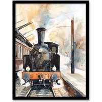 Artery8 Vintage Travel Steam Train Front View Watercolour Framed Wall Art in Brown | Size: A4