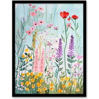 Artery8 Spring Wild Flower Meadow Watercolour Painting Framed Wall Art | Size: W12" x H16"