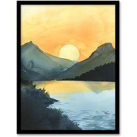 Artery8 Redfish Lake Mountain Landscape Lakeside Sunrise Framed Wall Art in Yellow | Size: W12" x H16"