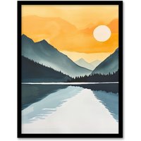 Artery8 Sparks Lake Sunrise Mountain Lakeside Landscape Framed Wall Art in Yellow | Size: A4