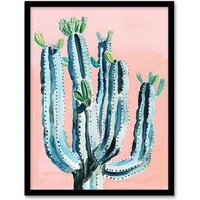 Artery8 Desert Cactus Pastel Colour Pink Teal Watercolour Framed Wall Art | Size: W12" x H16"