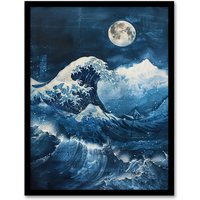 Artery8 The Great Wave at Full Moon Storm Sea Painting Framed Wall Art in Blue | Size: A4