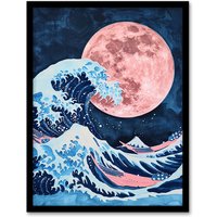 Artery8 Large Pink Full Moon Great Wave Surreal Painting Framed Wall Art in Blue | Size: A4
