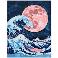 Artery8 Large Pink Full Moon Great Wave Surreal Painting Wall Art Print in Blue | Size: W24" x H32"