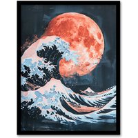 Artery8 Surreal Great Wave Blood Moon Sea Storm Painting Framed Wall Art in Blue | Size: A4