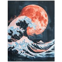 Artery8 Surreal Great Wave Blood Moon Sea Storm Painting Wall Art Print in Blue | Size: W18" x H24"