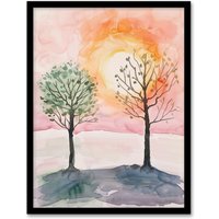 Artery8 Two Summer Trees in Pink Orange Sunset Landscape Framed Wall Art | Size: A4