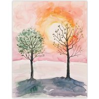 Artery8 Two Summer Trees in Pink Orange Sunset Landscape Wall Art Print | Size: W18" x H24"