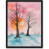 Artery8 Two Trees Misty Sunset Winter Snow Landscape Framed Wall Art in Pink | Size: W12" x H16"