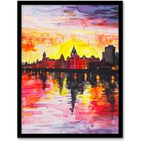Artery8 Vibrant Liverpool City Waterfront Sunset Painting Framed Wall Art | Size: A4