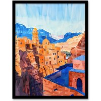 Artery8 Old City of Jerusalem Watercolour Cityscape Framed Wall Art in Blue | Size: W12" x H16"