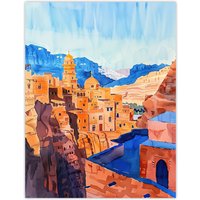 Artery8 Old City of Jerusalem Watercolour Cityscape Wall Art Print in Blue | Size: W12" x H16"