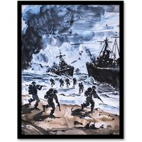 Artery8 D Day Normandy Landing 1944 WWII Watercolour Framed Wall Art in Dark Grey | Size: A4