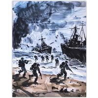 Artery8 D Day Normandy Landing 1944 WWII Watercolour Wall Art Print in Dark Grey | Size: W24" x H32"